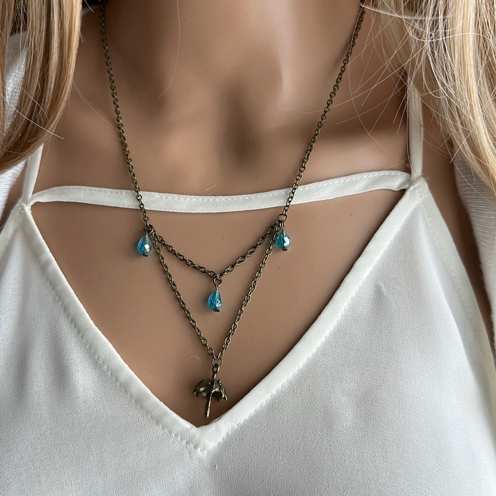 Boho Victorian Necklace with Umbrella and Raindrops UNIQUE! New